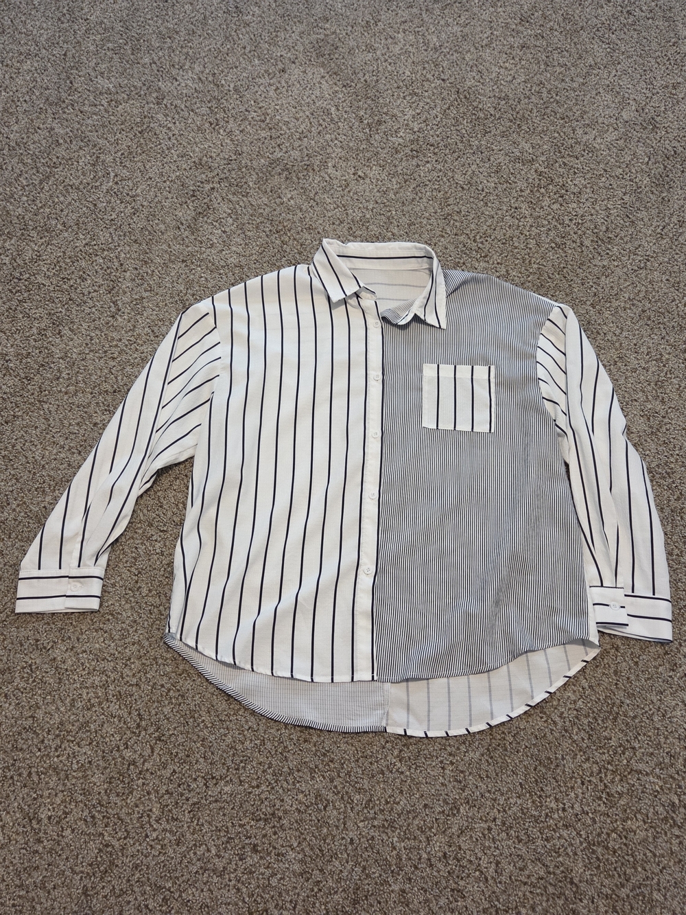 Striped Contrast Panel Women's Button-Up Shirt - White/Black